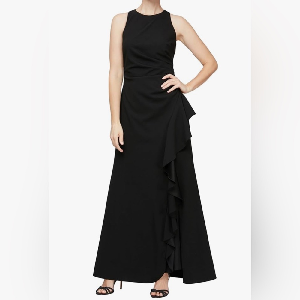 Elegant Black Evening  Long Cascade Ruffle Sleeveless dressLeg Sli